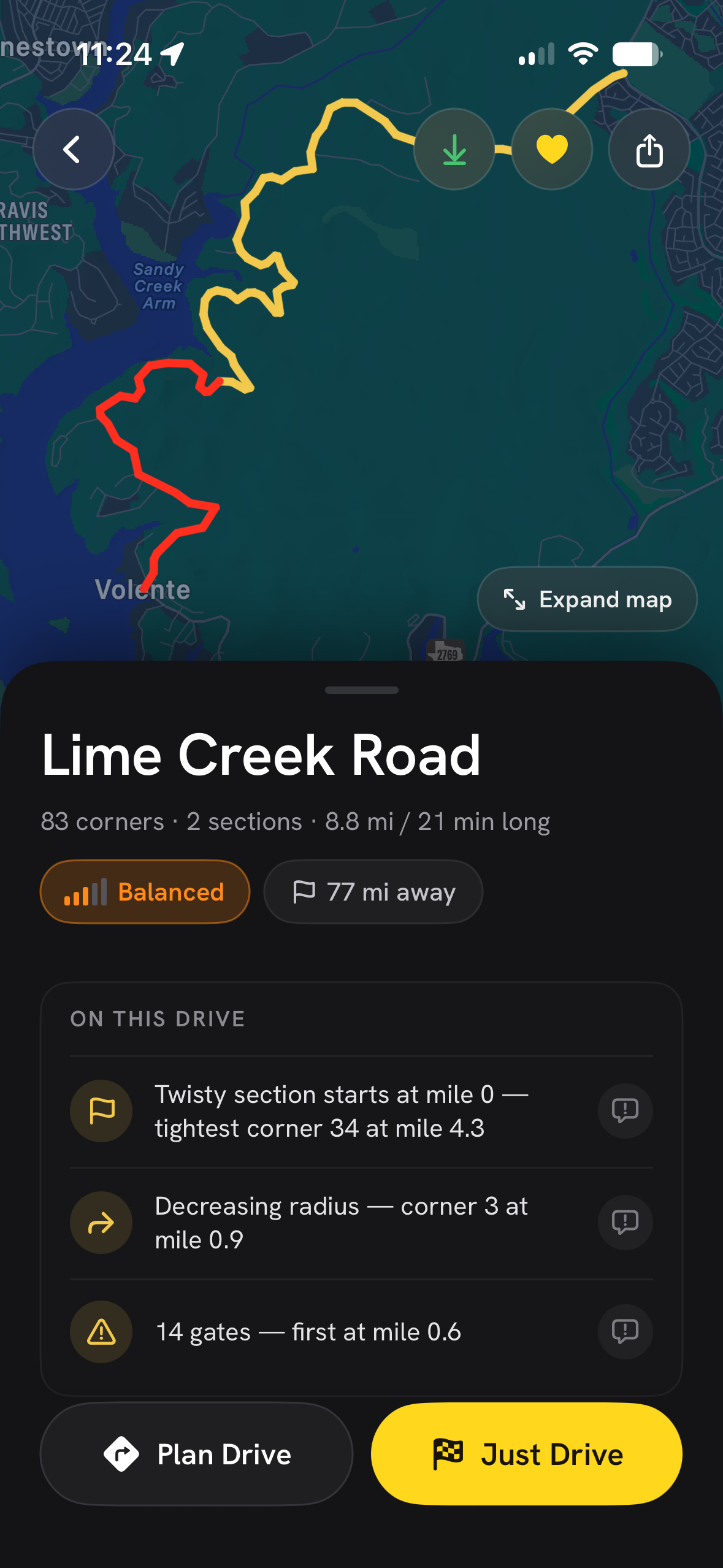 Drivrmaps route detail screen showing Lime Creek Road — an overhead map with the route highlighted, 83 corners over 8.8 miles, and corner callouts for the drive.